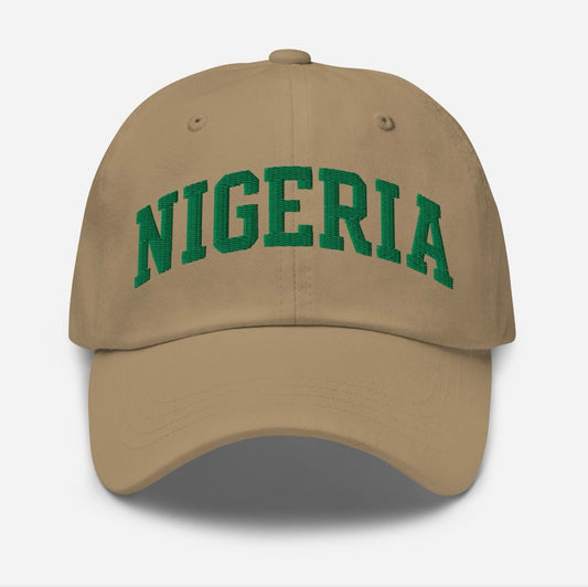 Khaki hat with green embroidered Nigeria lettering.