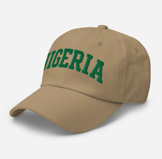 Khaki hat with green embroidered Nigeria lettering.