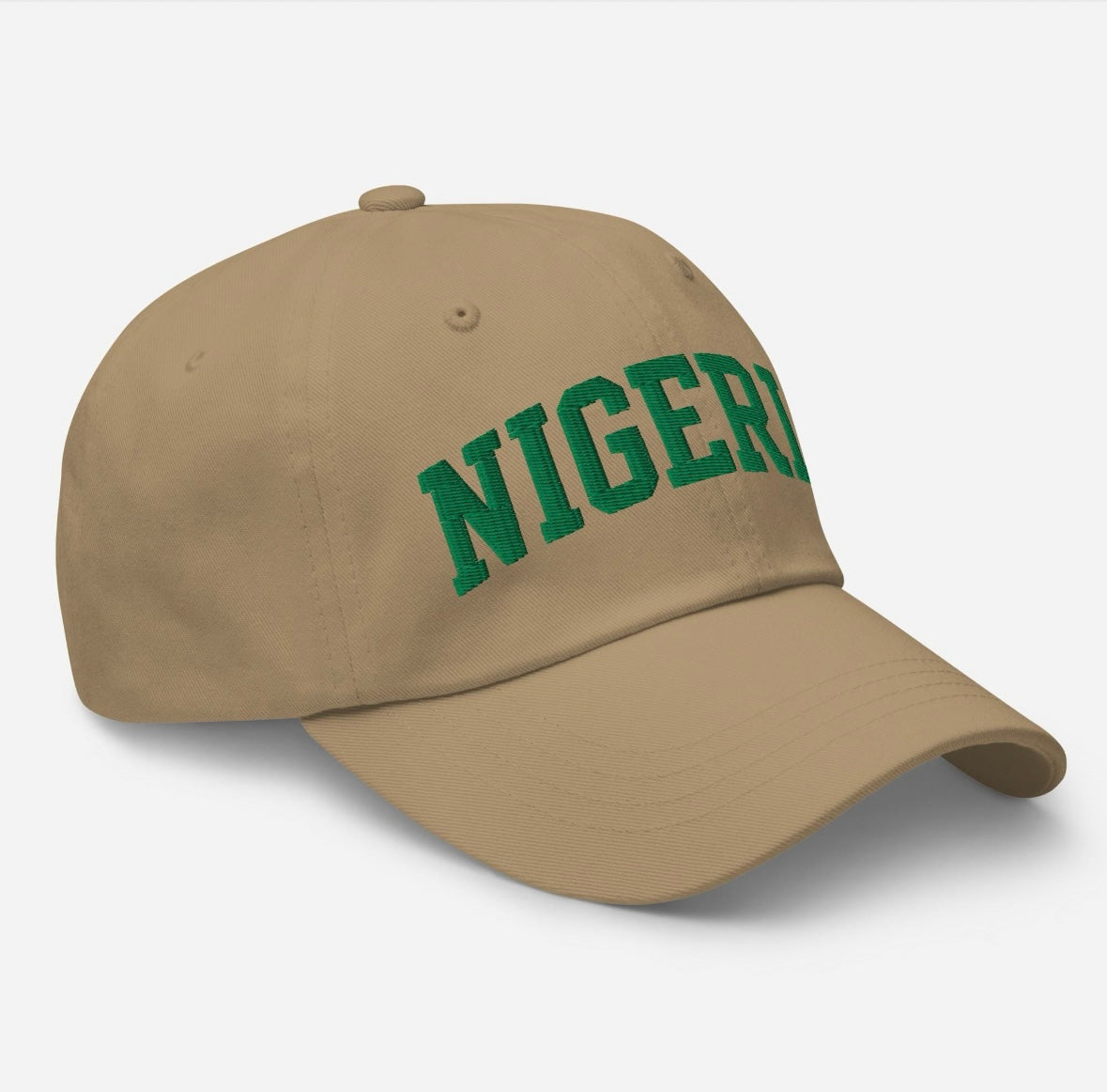 Khaki hat with green embroidered Nigeria lettering.