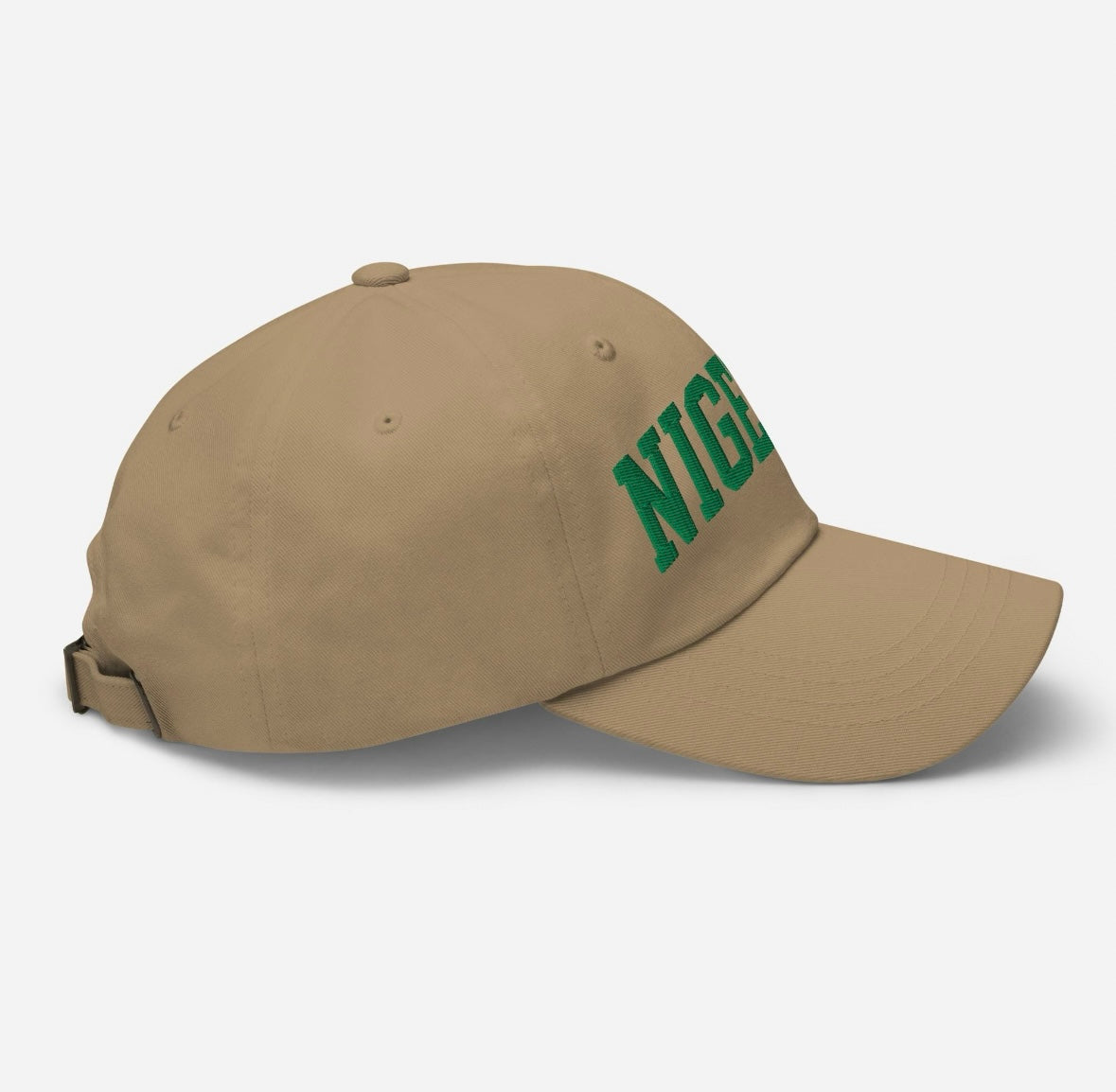 Khaki hat with green embroidered Nigeria lettering.